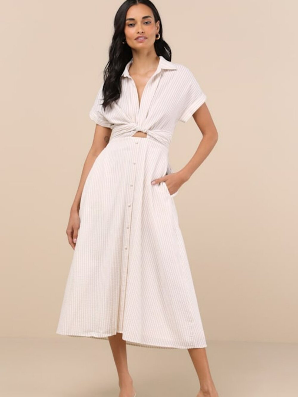 Lulus Adorable Impression Beige And White Midi Dress With Pockets - Size S